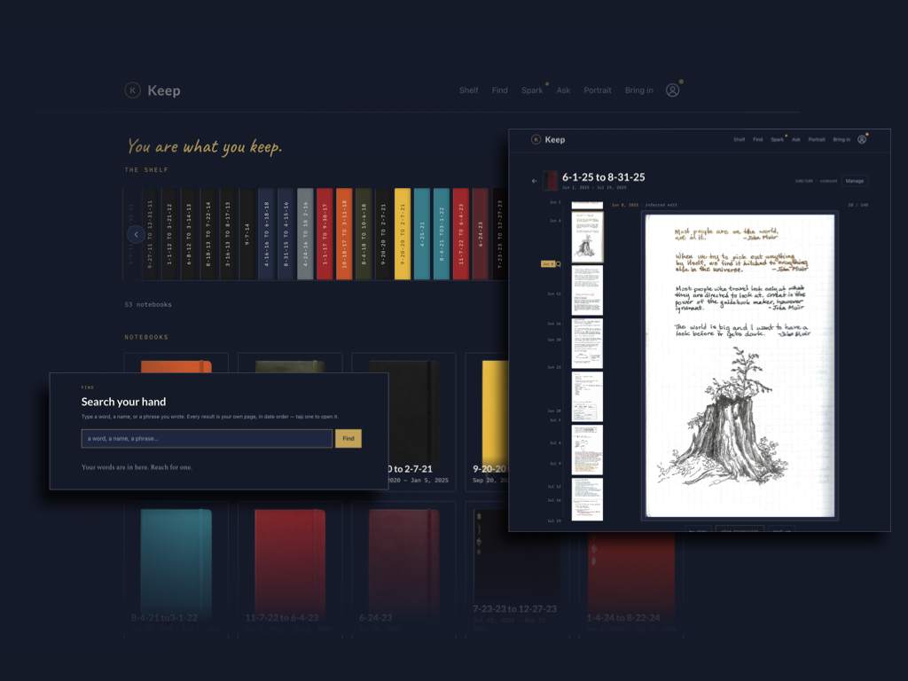 The Keep app — a shelf of notebooks and a page open in the reader
